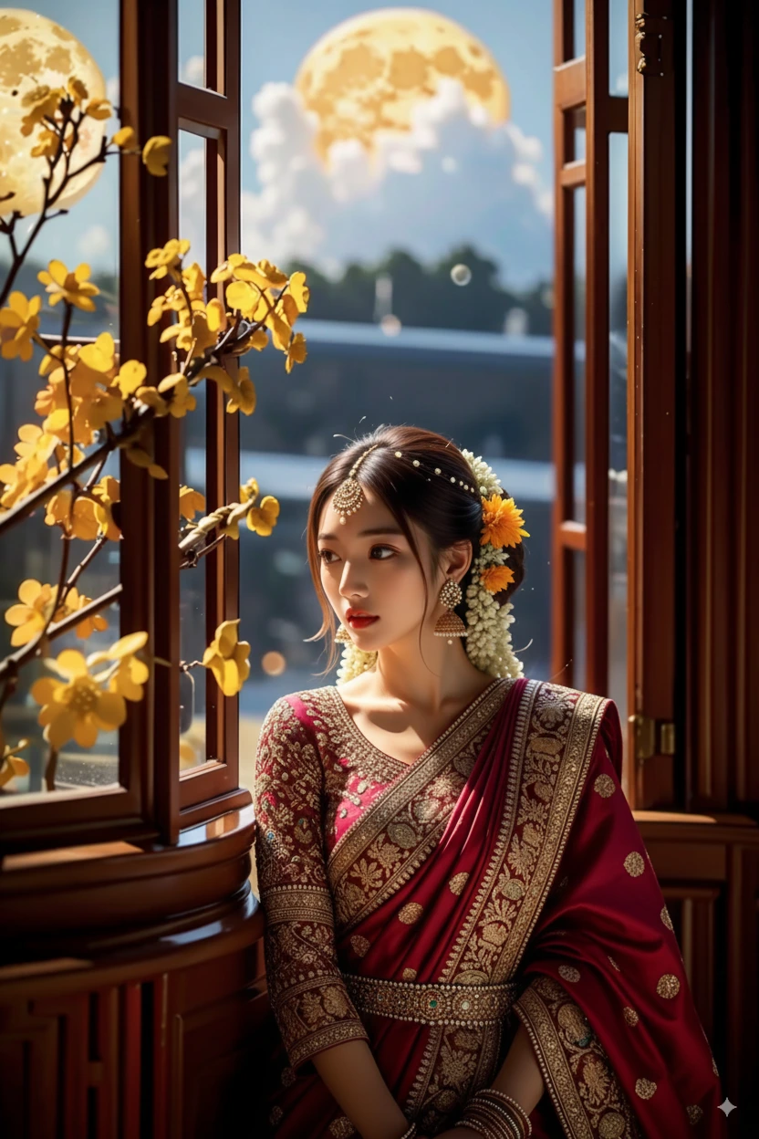 Nano-Banana fashion and selfie editing example showing character consistency in medieval Indian princess saree transformation