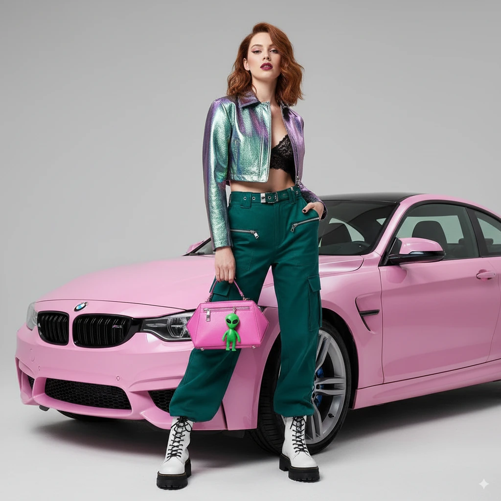 Nano-Banana product photography example showing model with pink BMW and e-commerce styling