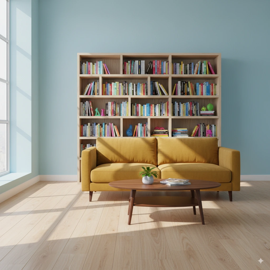 Nano-Banana interior design visualization example showing room makeover with blue walls and furniture