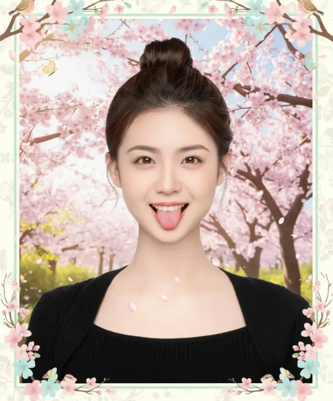 Scene replacement example: Portrait with decorative cherry blossom frame, demonstrating seamless integration of photographic subject with artistic seasonal elements and decorative borders